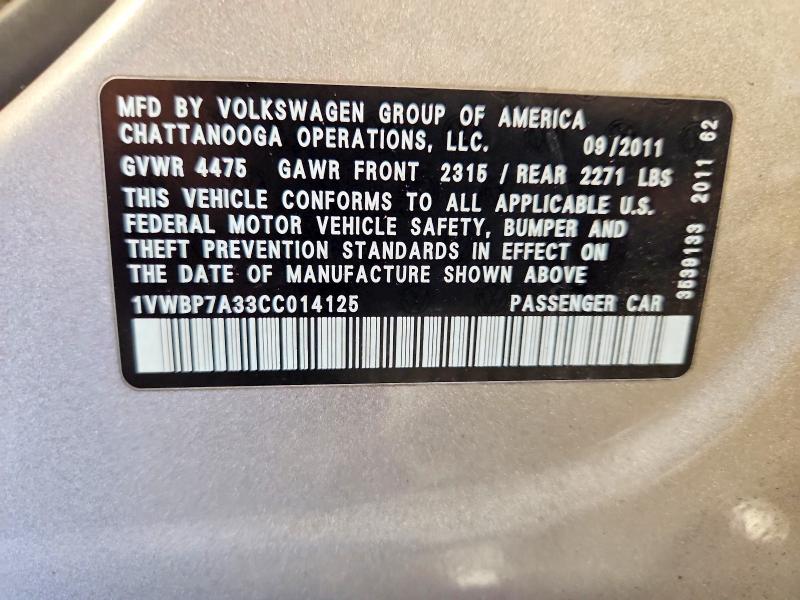 Продажа на аукционе авто 2012 Volkswagen Passat, vin: 1VWBP7A33CC014125, номер лота: 55969716