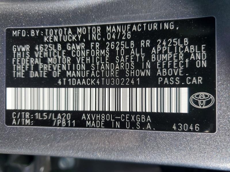 Aukcja sprzedaży 2026 Toyota Camry, vin: 4T1DAACK4TU302241, numer aukcji: 58510166