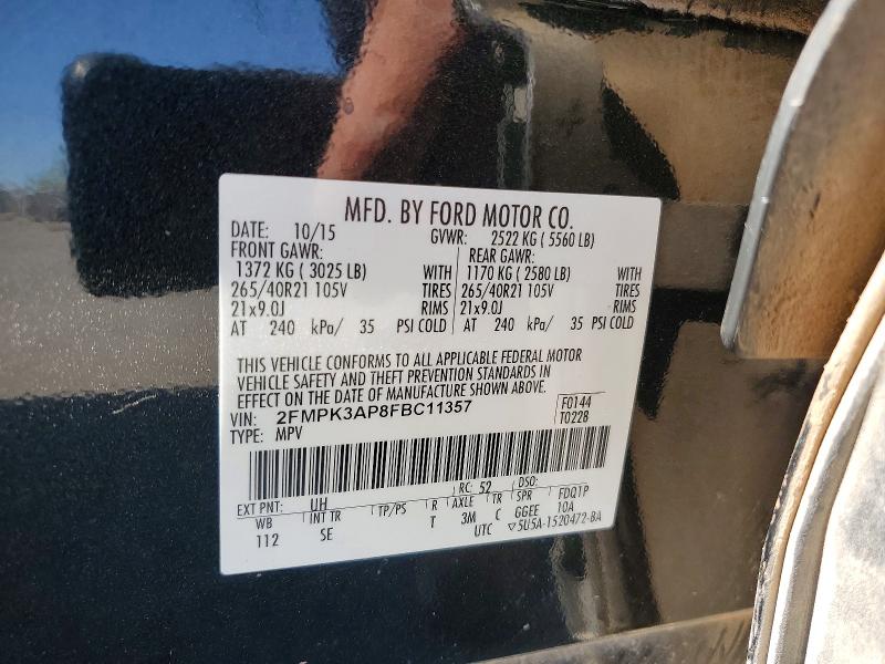 56054736 :رقم المزاد ، 2FMPK3AP8FBC11357 vin ، 2015 Ford Edge مزاد بيع