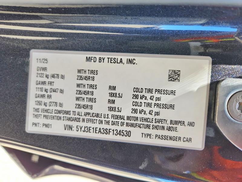 Продажа на аукционе авто 2025 Tesla Model 3, vin: 5YJ3E1EA3SF134530, номер лота: 55929056