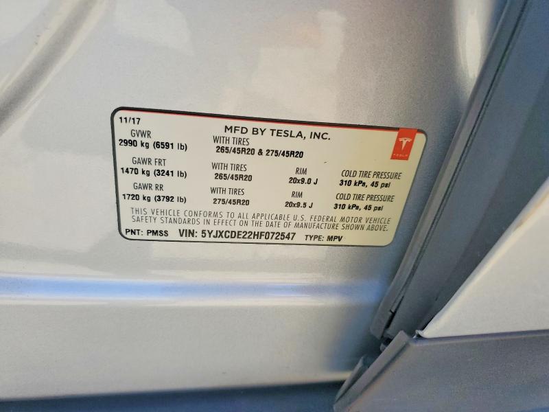 Продаж на аукціоні авто 2017 Tesla Model X, vin: 5YJXCDE22HF072547, номер лоту: 57360196