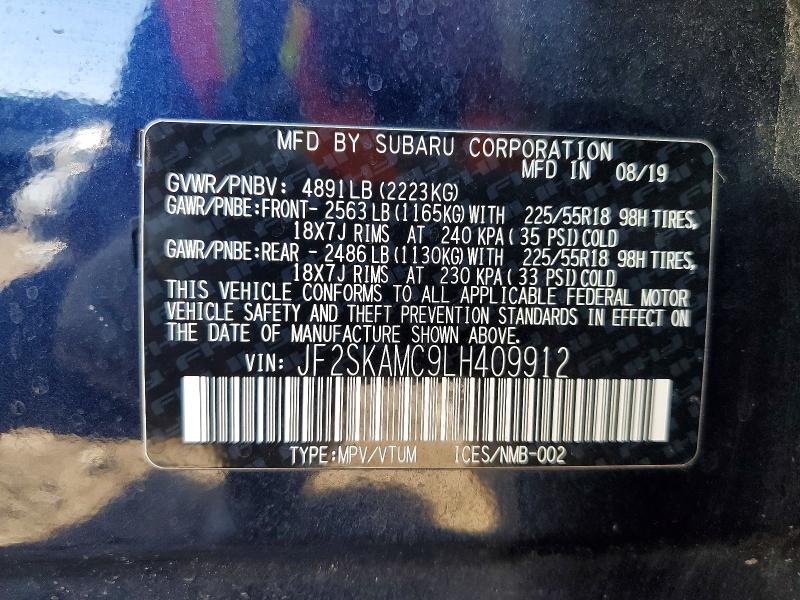 55969826 :رقم المزاد ، JF2SKAMC9LH409912 vin ، 2020 Subaru Forester مزاد بيع