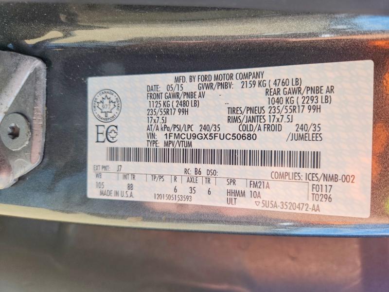 2015 Ford Escape მანქანა იყიდება აუქციონზე, vin: 1FMCU9GX5FUC50680, აუქციონის ნომერი: 56687496