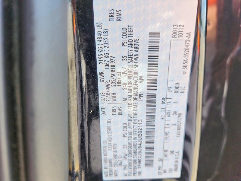 Продаж на аукціоні авто 2018 Ford Escape, vin: 1FMCU9J94JUB92113, номер лоту: 57566106