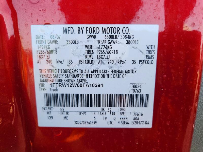 Продаж на аукціоні авто 2008 Ford F150, vin: 1FTRW12W68FA10294, номер лоту: 58095426