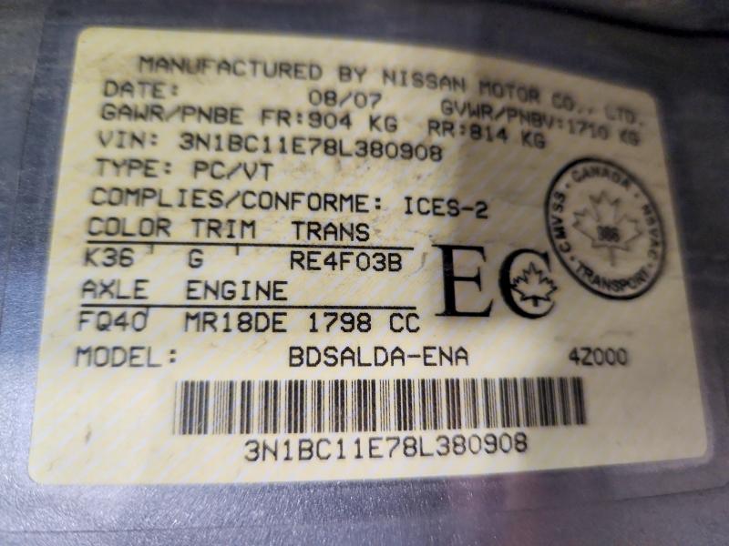 Продажа на аукционе авто 2008 Nissan Versa, vin: 3N1BC11E78L380908, номер лота: 57569306