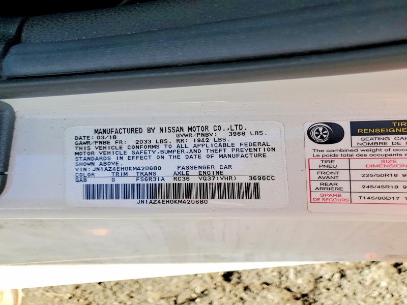 Aukcja sprzedaży 2019 Nissan 370z, vin: JN1AZ4EH0KM420680, numer aukcji: 57783446