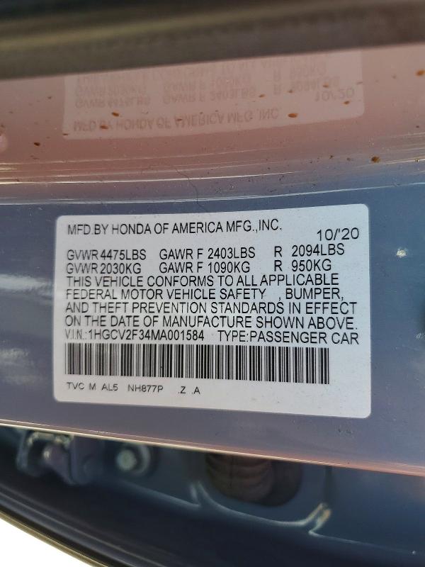 Aukcja sprzedaży 2021 Honda Accord, vin: 1HGCV2F34MA001584, numer aukcji: 56472746