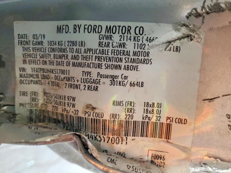 57078576 :رقم المزاد ، 1FATP8UH4K5170011 vin ، 2019 Ford Mustang مزاد بيع