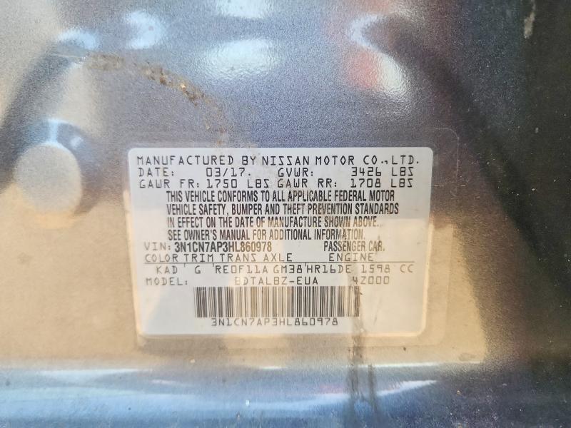 2017 Nissan Versa მანქანა იყიდება აუქციონზე, vin: 3N1CN7AP3HL860978, აუქციონის ნომერი: 56744406