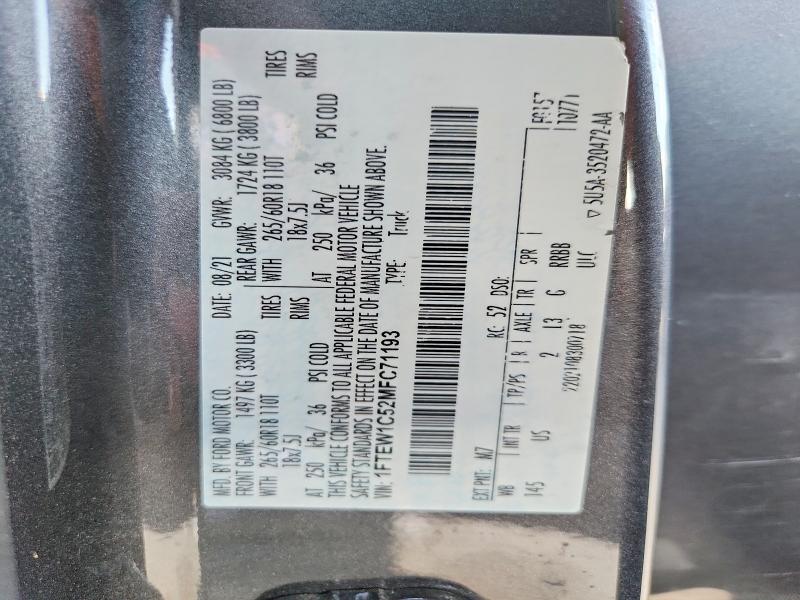 2021 Ford F150 მანქანა იყიდება აუქციონზე, vin: 1FTEW1C52MFC71193, აუქციონის ნომერი: 57465046