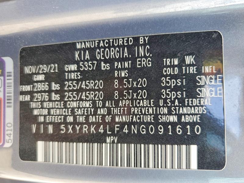 2022 Kia Sorento მანქანა იყიდება აუქციონზე, vin: 5XYRK4LF4NG091610, აუქციონის ნომერი: 56897806