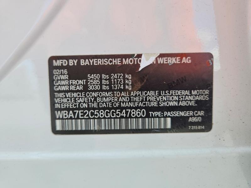 Aukcja sprzedaży 2016 Bmw 740, vin: WBA7E2C58GG547860, numer aukcji: 57133566
