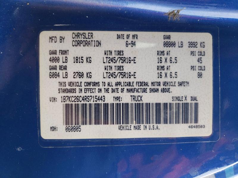 58101376 :رقم المزاد ، 1B7KC26C4RS715443 vin ، 1994 Dodge Ram 2500 مزاد بيع