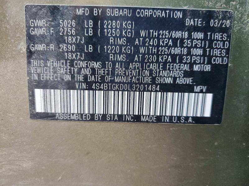 Продажа на аукционе авто 2020 Subaru Outback, vin: 4S4BTGKD0L3201484, номер лота: 55969346