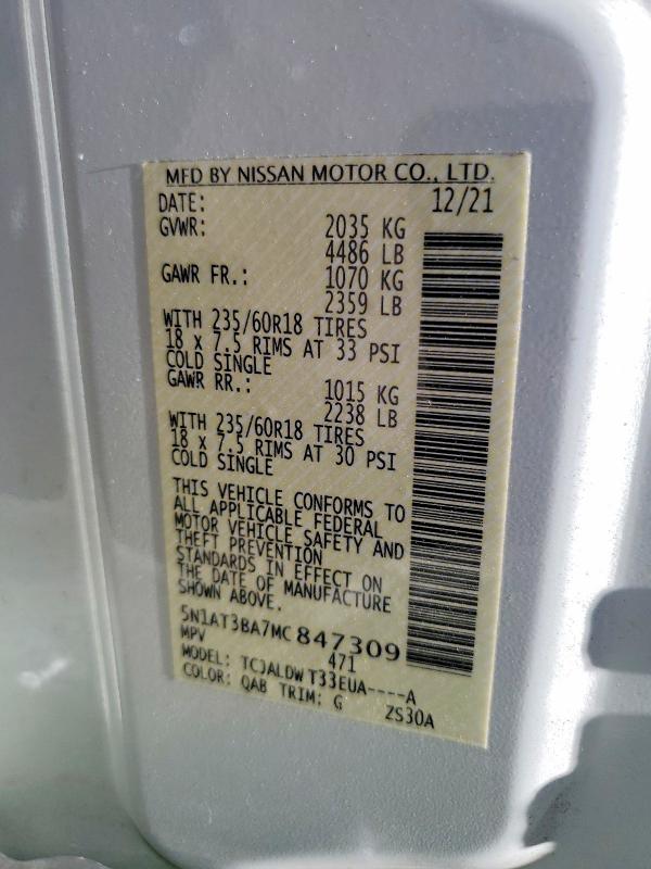 2021 Nissan Rogue მანქანა იყიდება აუქციონზე, vin: 5N1AT3BA7MC847309, აუქციონის ნომერი: 57619906
