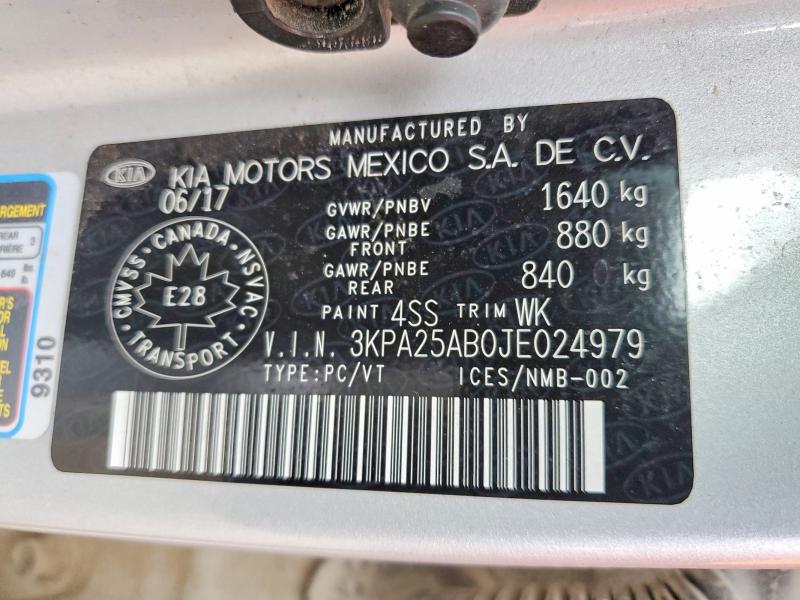 2018 Kia Rio მანქანა იყიდება აუქციონზე, vin: 3KPA25AB0JE024979, აუქციონის ნომერი: 57580556