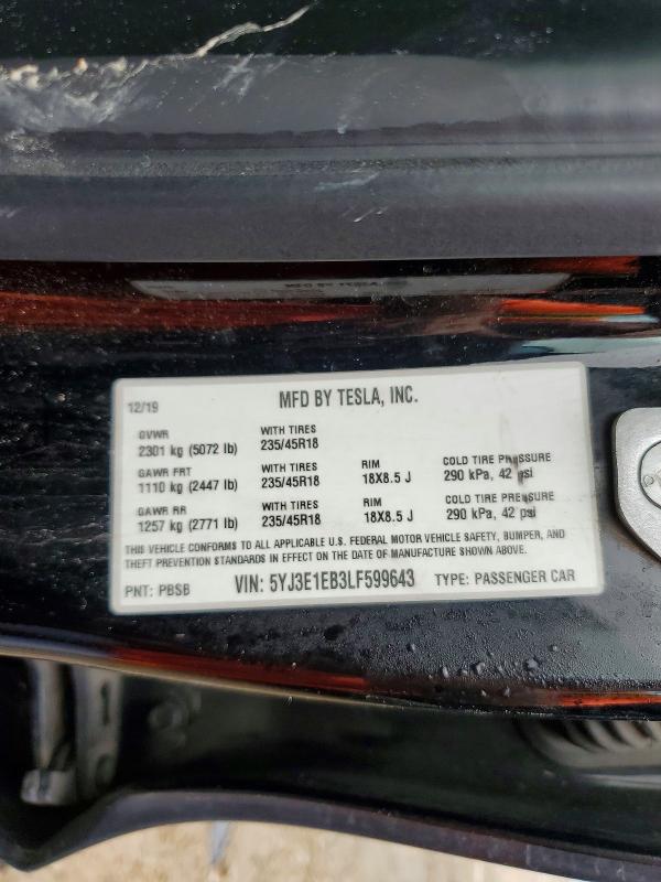 2020 Tesla Model 3 მანქანა იყიდება აუქციონზე, vin: 5YJ3E1EB3LF599643, აუქციონის ნომერი: 55642336