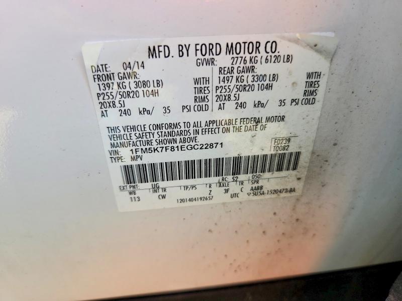 57038866 :رقم المزاد ، 1FM5K7F81EGC22871 vin ، 2014 Ford Explorer مزاد بيع