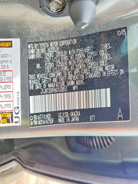 Aukcja sprzedaży 2006 Lexus Gx, vin: JTJBT20X960103853, numer aukcji: 58711036