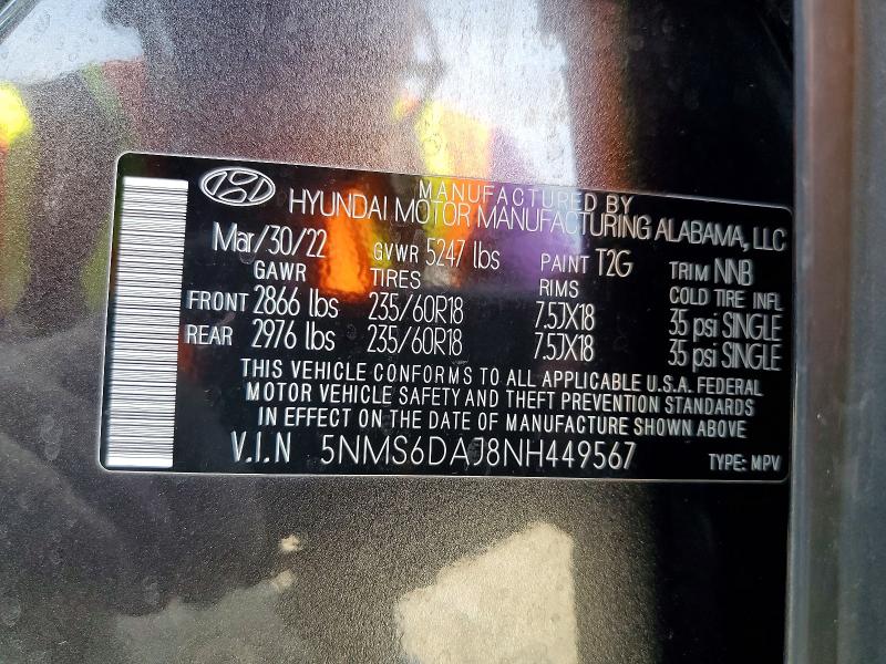 56040396 :رقم المزاد ، 5NMS6DAJ8NH449567 vin ، 2022 Hyundai Santa Fe مزاد بيع