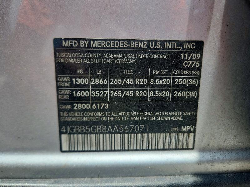 Aukcja sprzedaży 2010 Mercedes-benz Ml, vin: 4JGBB5GB8AA567071, numer aukcji: 57138326