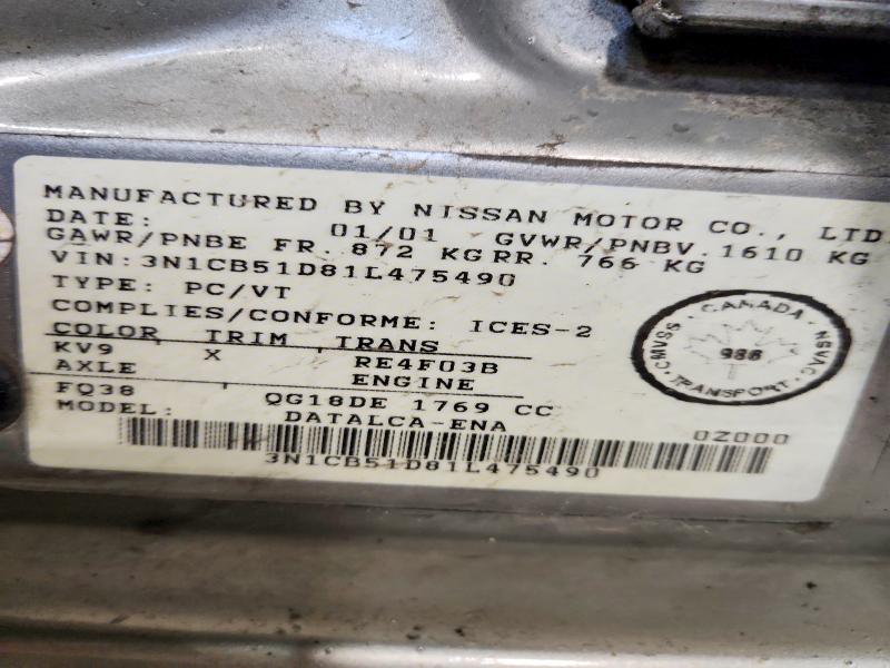55244556 :رقم المزاد ، 3N1CB51D81L475490 vin ، 2001 Nissan Sentra مزاد بيع