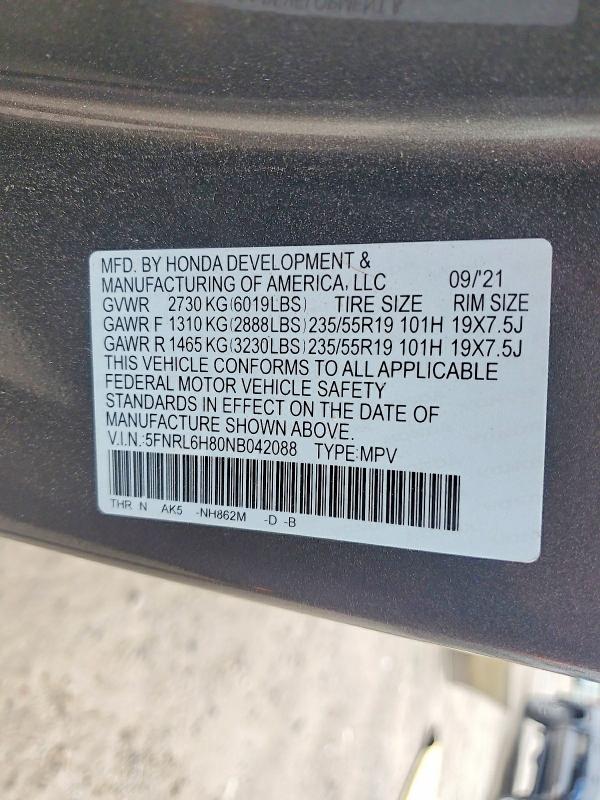 Aukcja sprzedaży 2022 Honda Odyssey, vin: 5FNRL6H80NB042088, numer aukcji: 54753836