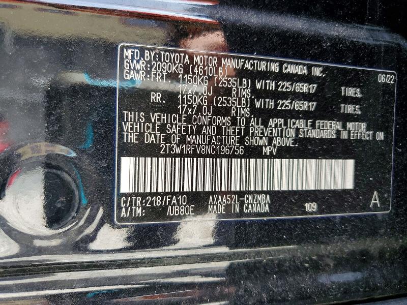2022 Toyota Rav4 მანქანა იყიდება აუქციონზე, vin: 2T3W1RFV8NC196756, აუქციონის ნომერი: 55472886