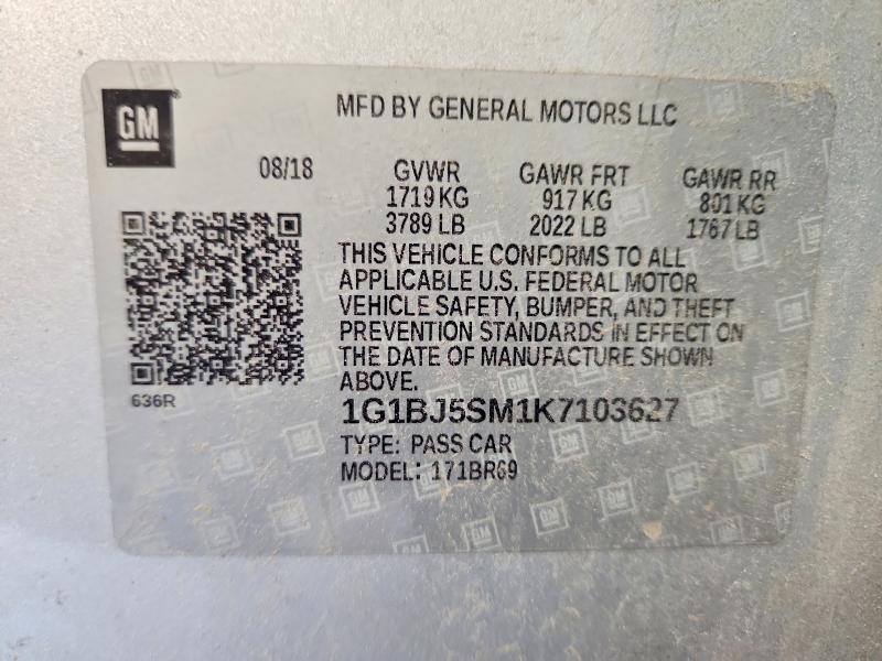 2019 Chevrolet Cruze მანქანა იყიდება აუქციონზე, vin: 1G1BJ5SM1K7103627, აუქციონის ნომერი: 58583516