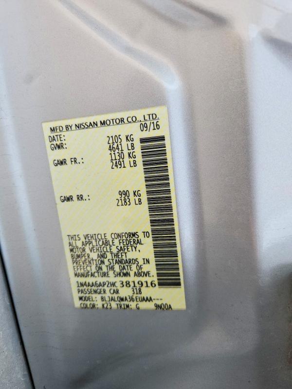 Aukcja sprzedaży 2017 Nissan Maxima, vin: 1N4AA6AP2HC381916, numer aukcji: 56071046