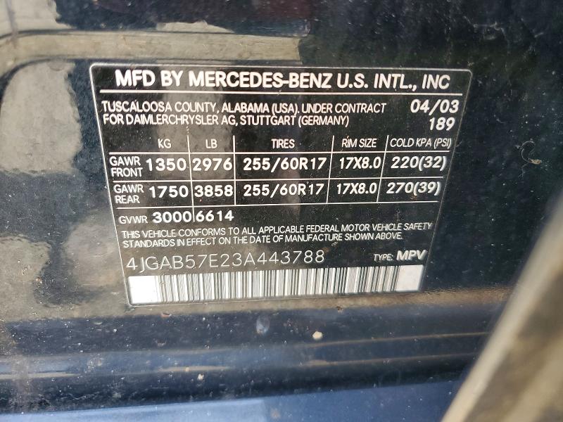 2003 Mercedes-benz Ml მანქანა იყიდება აუქციონზე, vin: 4JGAB57E23A443788, აუქციონის ნომერი: 56392616