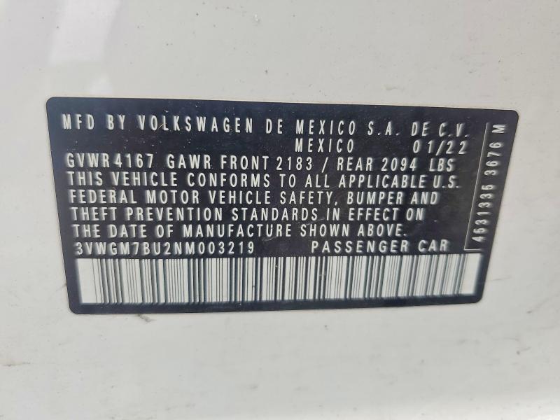 Продажа на аукционе авто 2022 Volkswagen Jetta, vin: 3VWGM7BU2NM003219, номер лота: 58324836