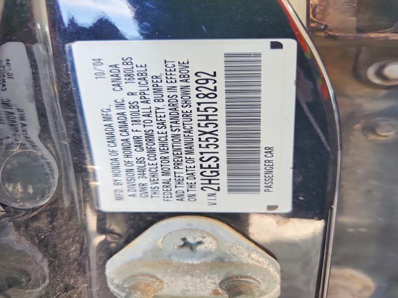 2005 Honda Civic მანქანა იყიდება აუქციონზე, vin: 2HGES155X5H518292, აუქციონის ნომერი: 56158376