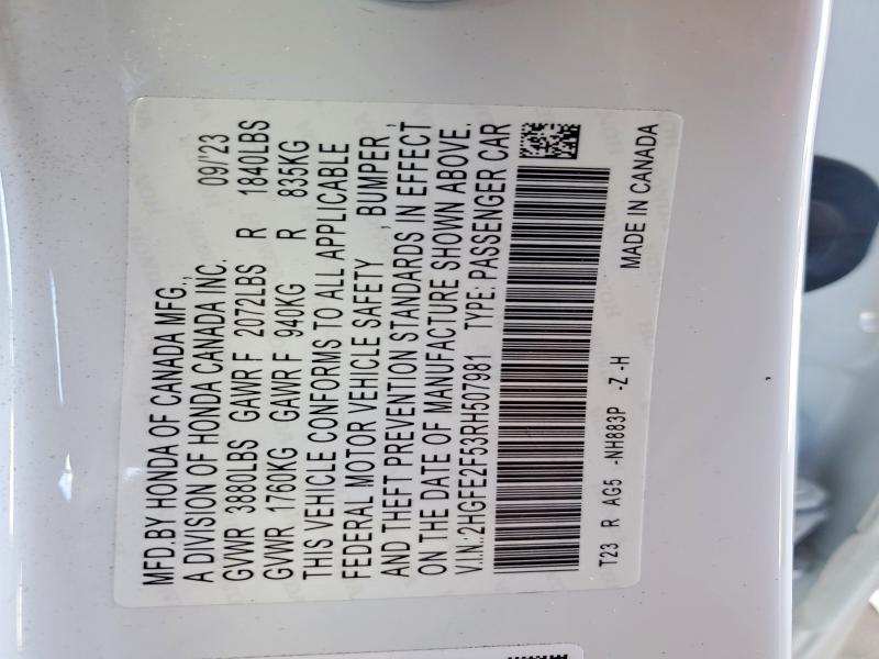 Продаж на аукціоні авто 2024 Honda Civic, vin: 2HGFE2F53RH507981, номер лоту: 56636526