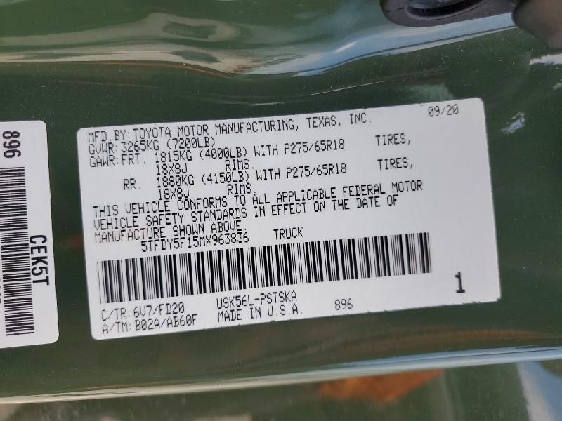 2021 Toyota Tundra მანქანა იყიდება აუქციონზე, vin: 5TFDY5F15MX963836, აუქციონის ნომერი: 56284896