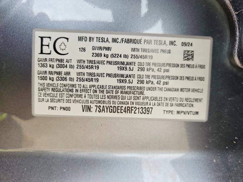58278936 :رقم المزاد ، 7SAYGDEE4RF213397 vin ، 2024 Tesla Model Y مزاد بيع