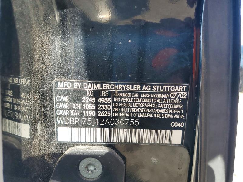 Aukcja sprzedaży 2002 Mercedes-benz Cl, vin: WDBPJ75J12A030755, numer aukcji: 58522666