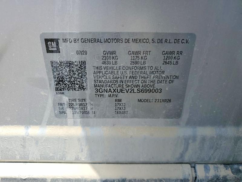 Aukcja sprzedaży 2020 Chevrolet Equinox, vin: 3GNAXUEV2LS699003, numer aukcji: 55210516