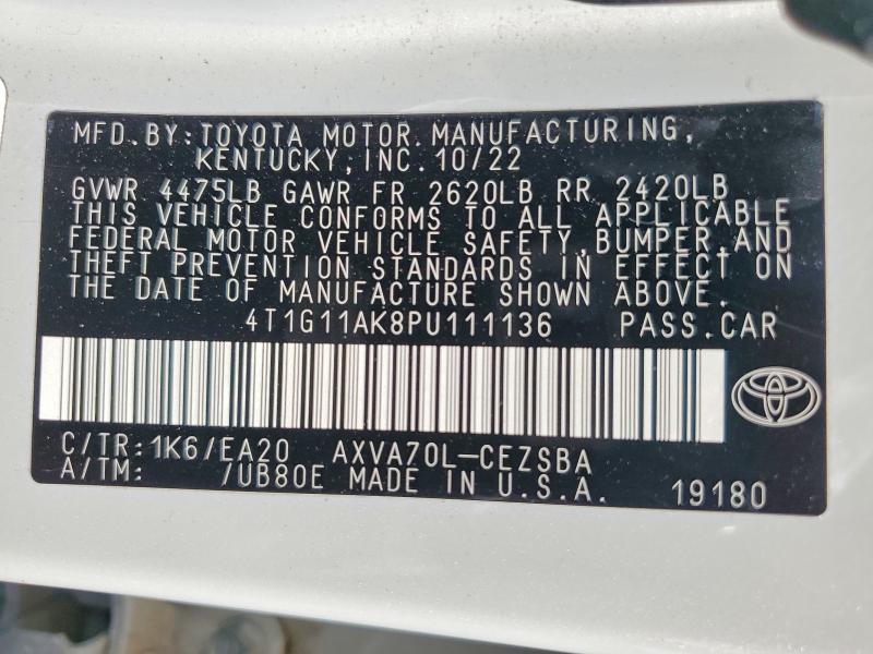 2023 Toyota Camry მანქანა იყიდება აუქციონზე, vin: 4T1G11AK8PU111136, აუქციონის ნომერი: 57578186