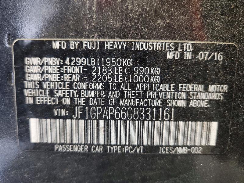 58607866 :رقم المزاد ، JF1GPAP66G8331161 vin ، 2016 Subaru Impreza مزاد بيع