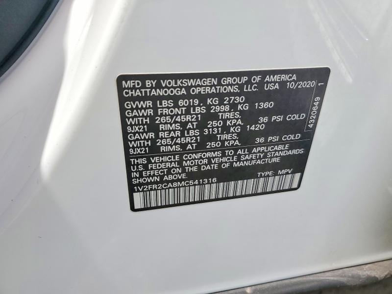 2021 Volkswagen Atlas მანქანა იყიდება აუქციონზე, vin: 1V2FR2CA8MC541316, აუქციონის ნომერი: 58033046