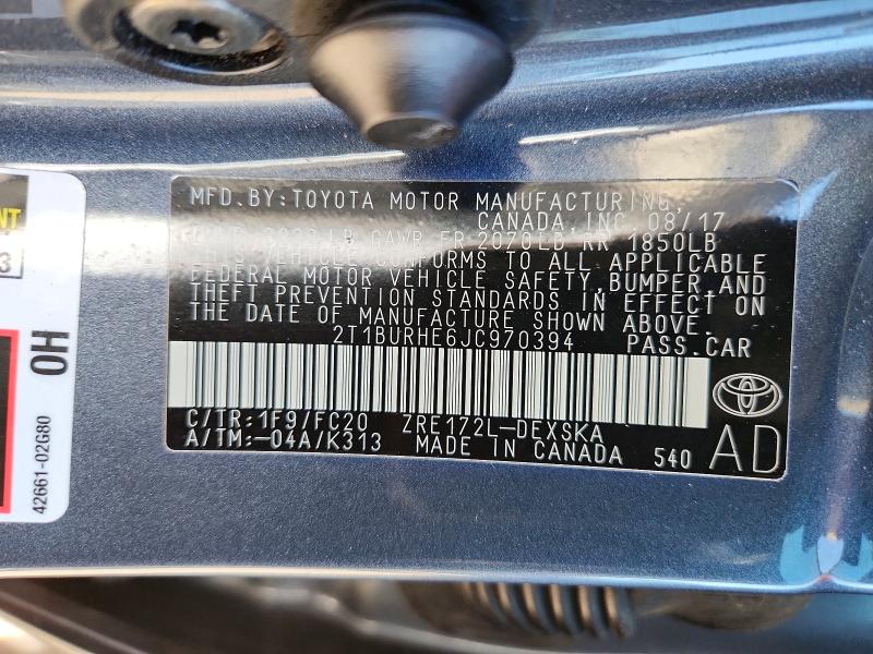 2018 Toyota Corolla მანქანა იყიდება აუქციონზე, vin: 2T1BURHE6JC970394, აუქციონის ნომერი: 57489066