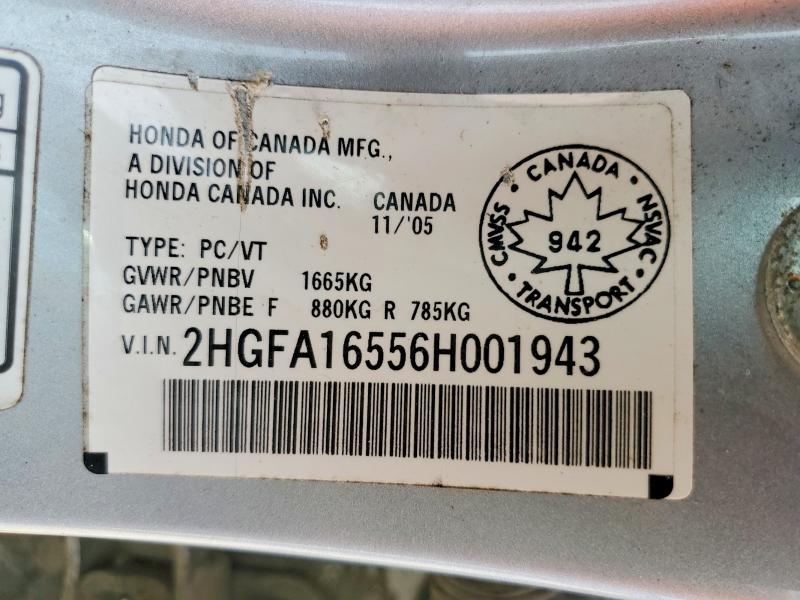 2006 Honda Civic მანქანა იყიდება აუქციონზე, vin: 2HGFA16556H001943, აუქციონის ნომერი: 74514565