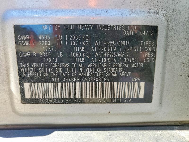 2013 Subaru Outback მანქანა იყიდება აუქციონზე, vin: 4S4BRBCC9D3308686, აუქციონის ნომერი: 56068406