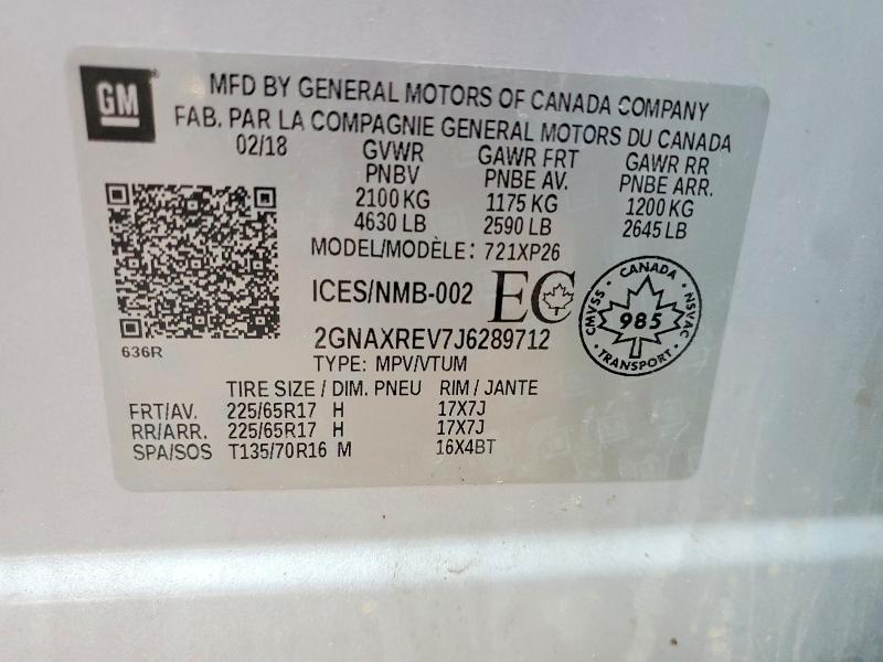 57971956 :رقم المزاد ، 2GNAXREV7J6289712 vin ، 2018 Chevrolet Equinox مزاد بيع