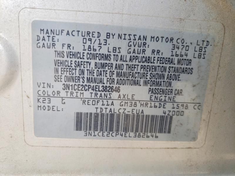 2014 Nissan Versa Note მანქანა იყიდება აუქციონზე, vin: 3N1CE2CP4EL382646, აუქციონის ნომერი: 58348796
