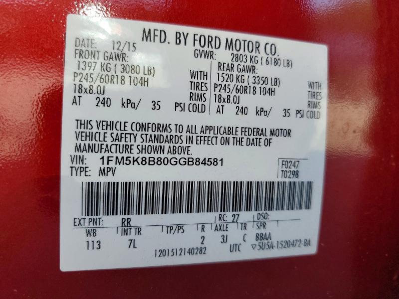 2016 Ford Explorer მანქანა იყიდება აუქციონზე, vin: 1FM5K8B80GGB84581, აუქციონის ნომერი: 56772476