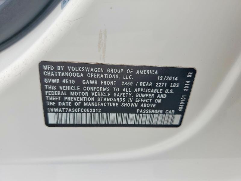 Продажа на аукционе авто 2015 Volkswagen Passat, vin: 1VWAT7A30FC052312, номер лота: 59122316