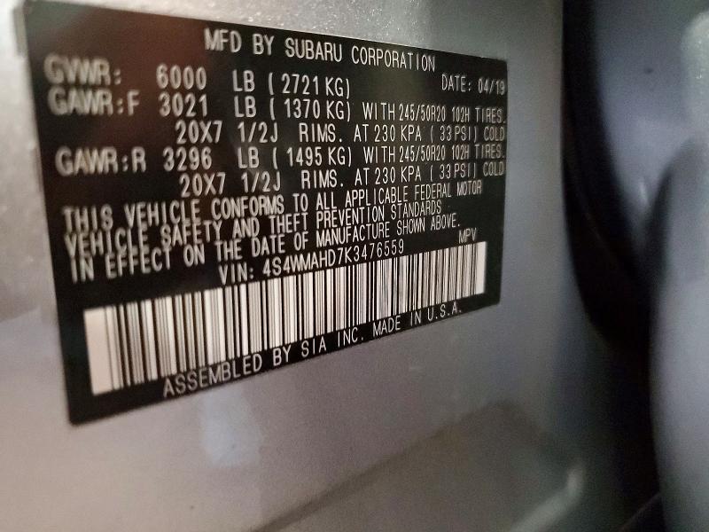 55416676 :رقم المزاد ، 4S4WMAHD7K3476559 vin ، 2019 Subaru Ascent مزاد بيع